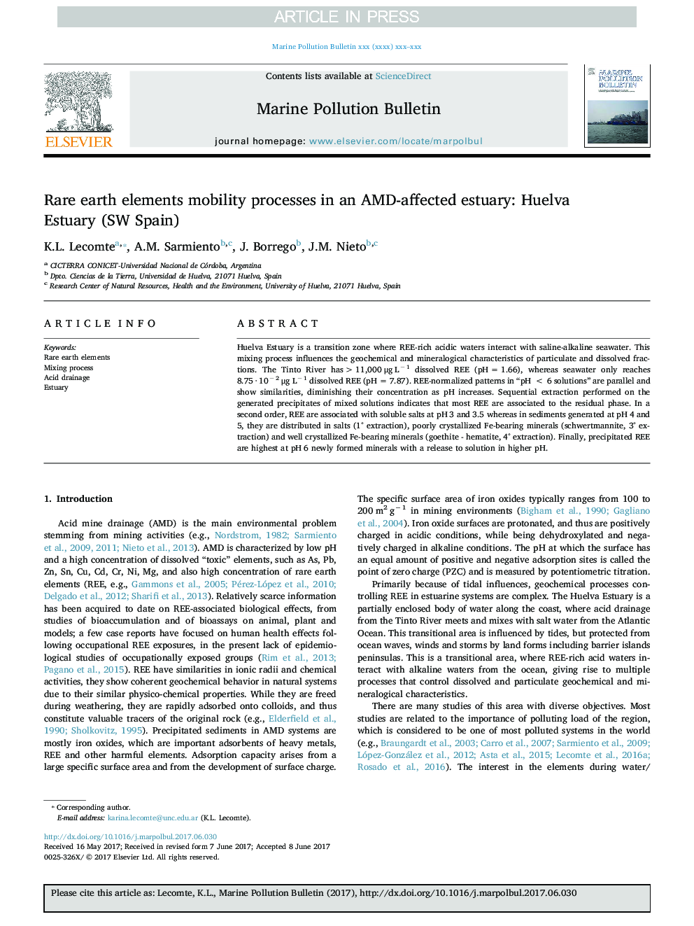 Rare earth elements mobility processes in an AMD-affected estuary: Huelva Estuary (SW Spain)