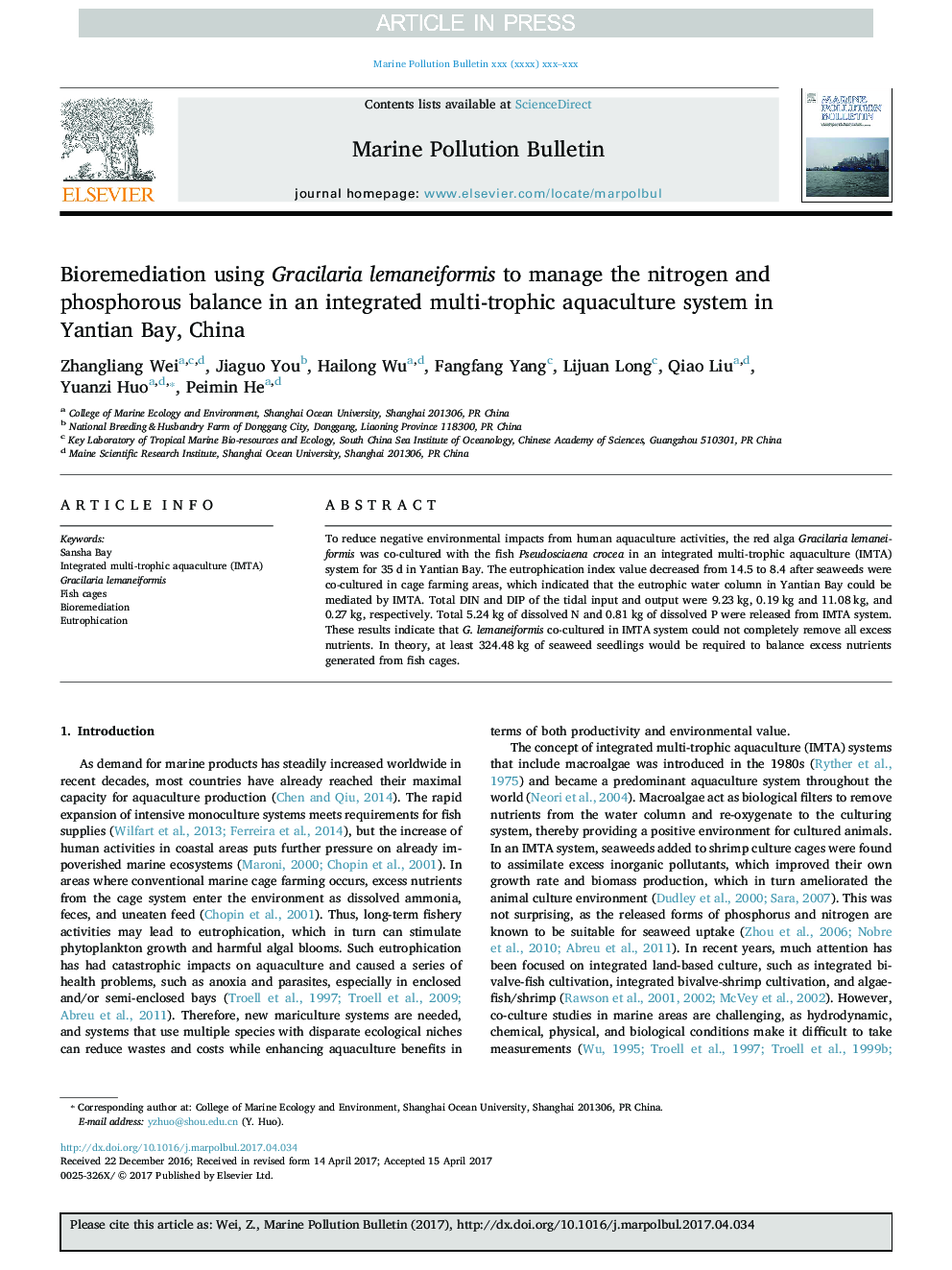 Bioremediation using Gracilaria lemaneiformis to manage the nitrogen and phosphorous balance in an integrated multi-trophic aquaculture system in Yantian Bay, China