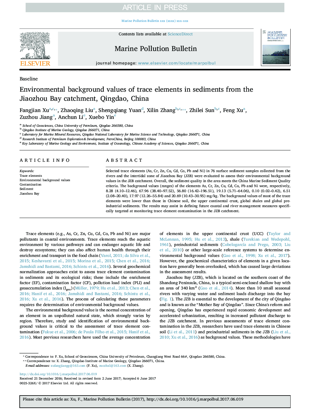 Environmental background values of trace elements in sediments from the Jiaozhou Bay catchment, Qingdao, China