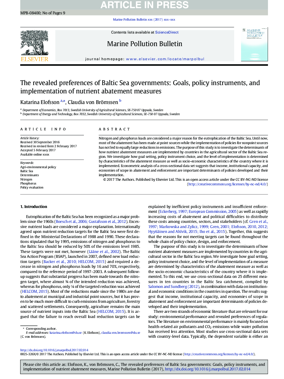 The revealed preferences of Baltic Sea governments: Goals, policy instruments, and implementation of nutrient abatement measures