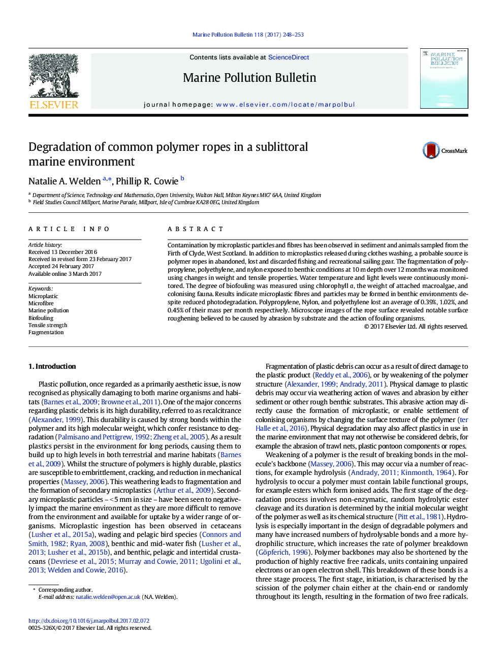 Degradation of common polymer ropes in a sublittoral marine environment