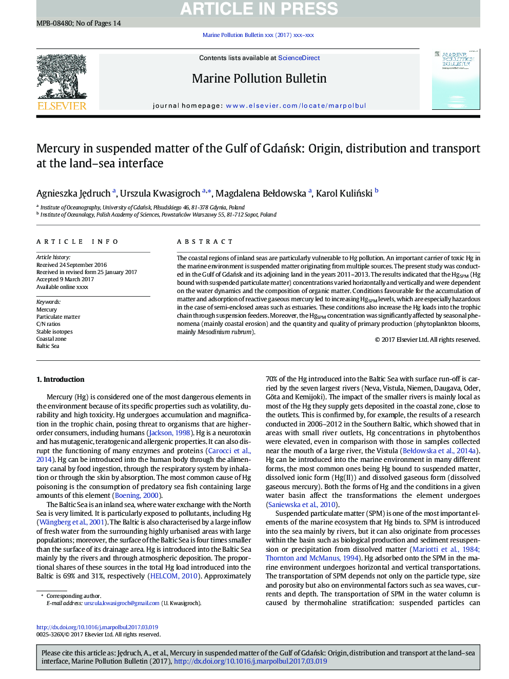 Mercury in suspended matter of the Gulf of GdaÅsk: Origin, distribution and transport at the land-sea interface