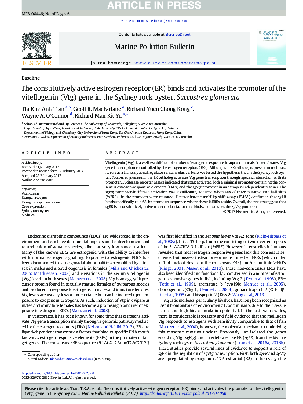 The constitutively active estrogen receptor (ER) binds and activates the promoter of the vitellogenin (Vtg) gene in the Sydney rock oyster, Saccostrea glomerata