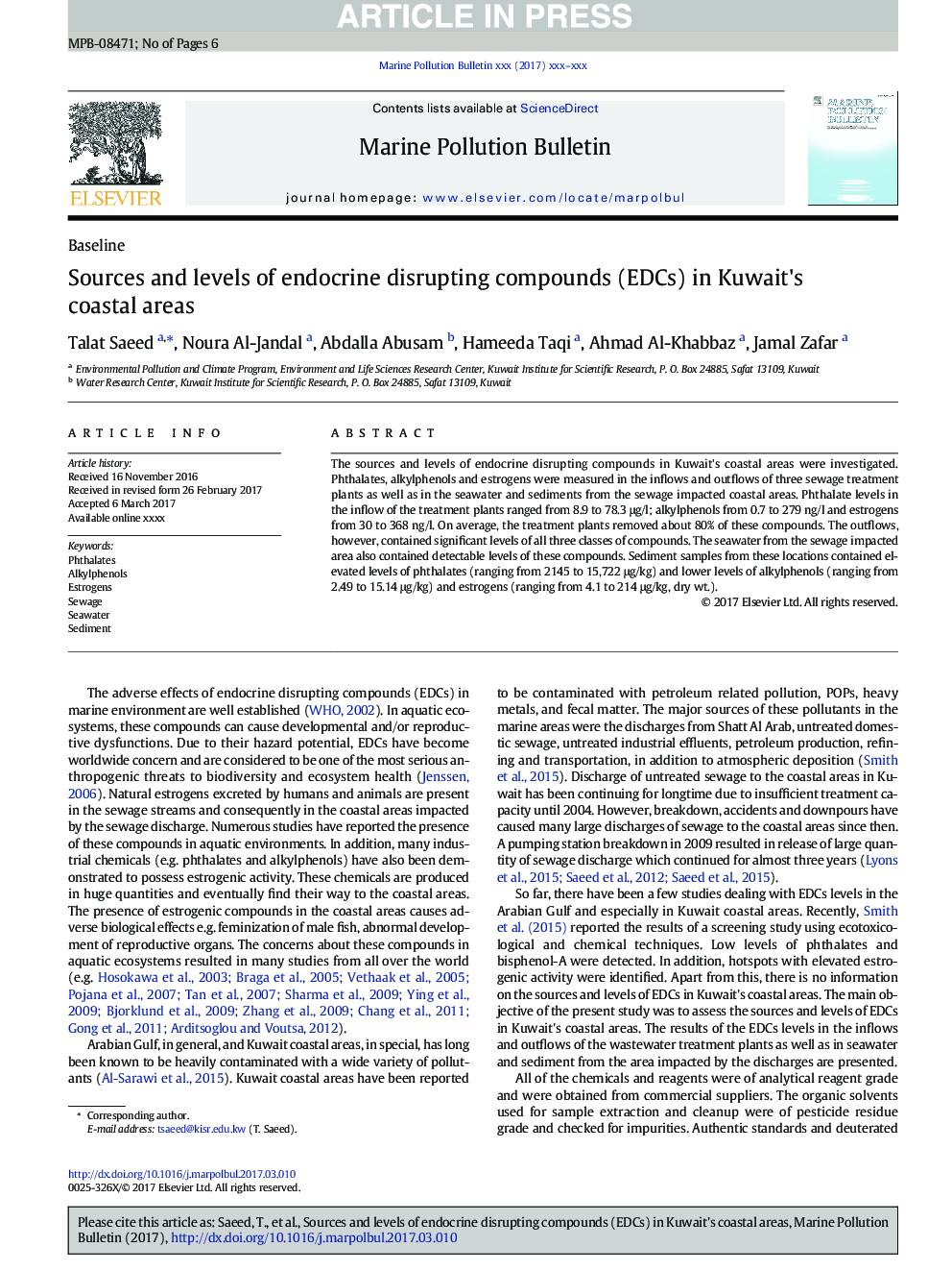 Sources and levels of endocrine disrupting compounds (EDCs) in Kuwait's coastal areas