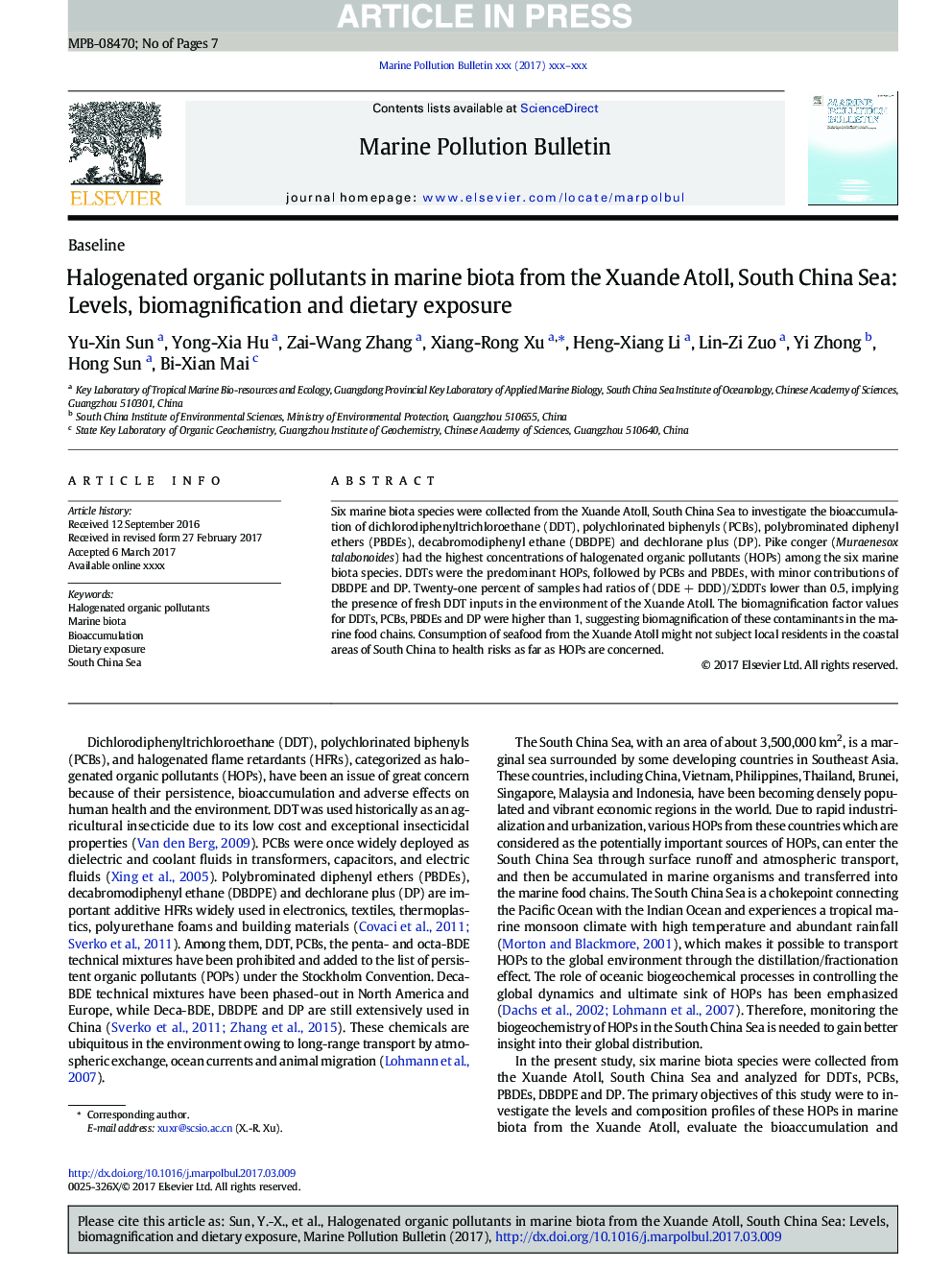 Halogenated organic pollutants in marine biota from the Xuande Atoll, South China Sea: Levels, biomagnification and dietary exposure