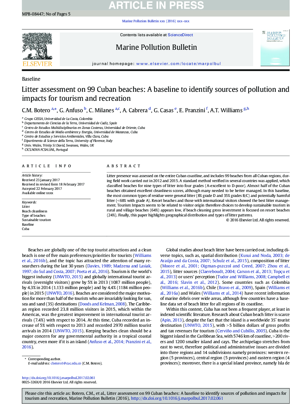 Litter assessment on 99 Cuban beaches: A baseline to identify sources of pollution and impacts for tourism and recreation