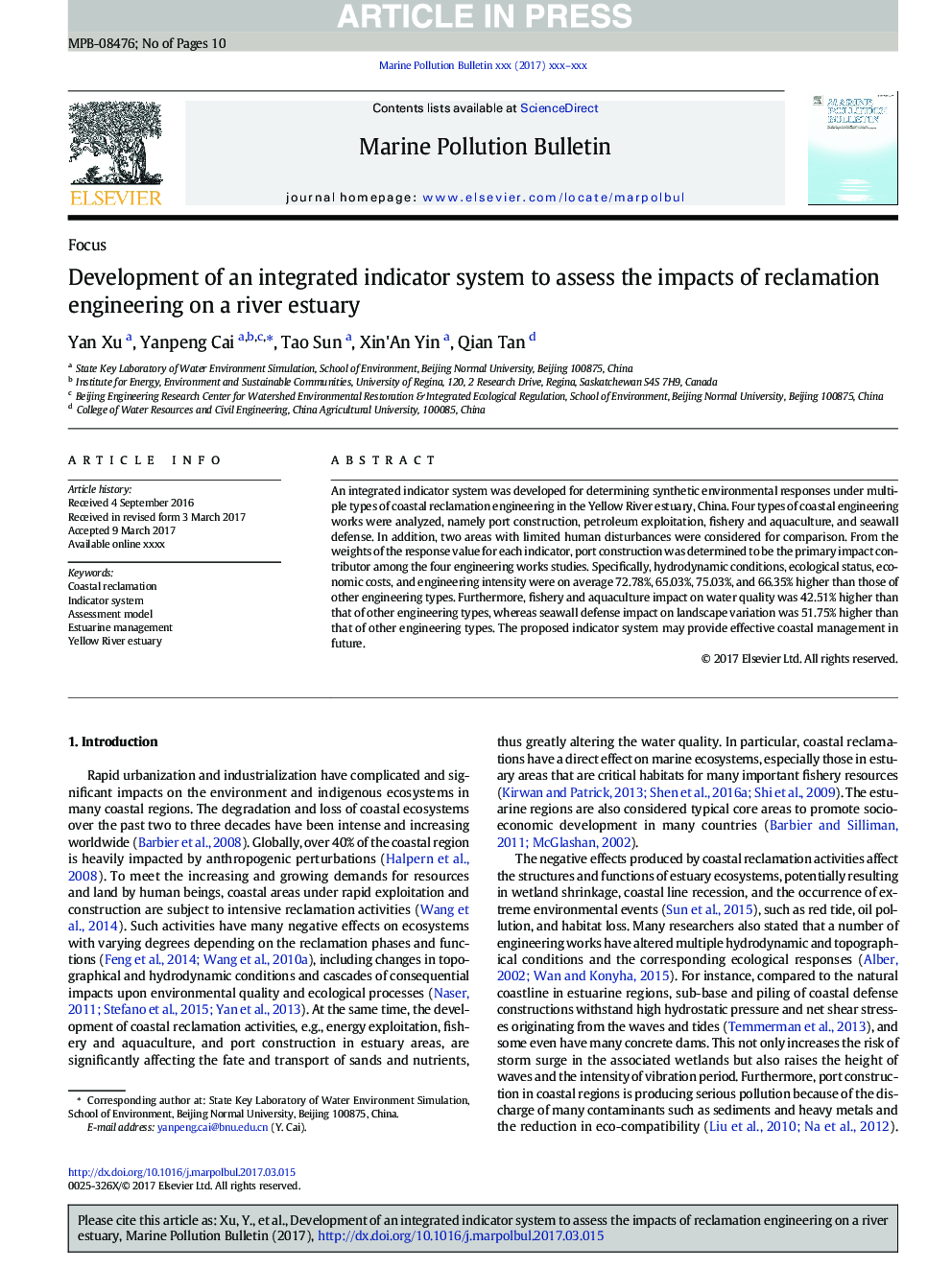 Development of an integrated indicator system to assess the impacts of reclamation engineering on a river estuary