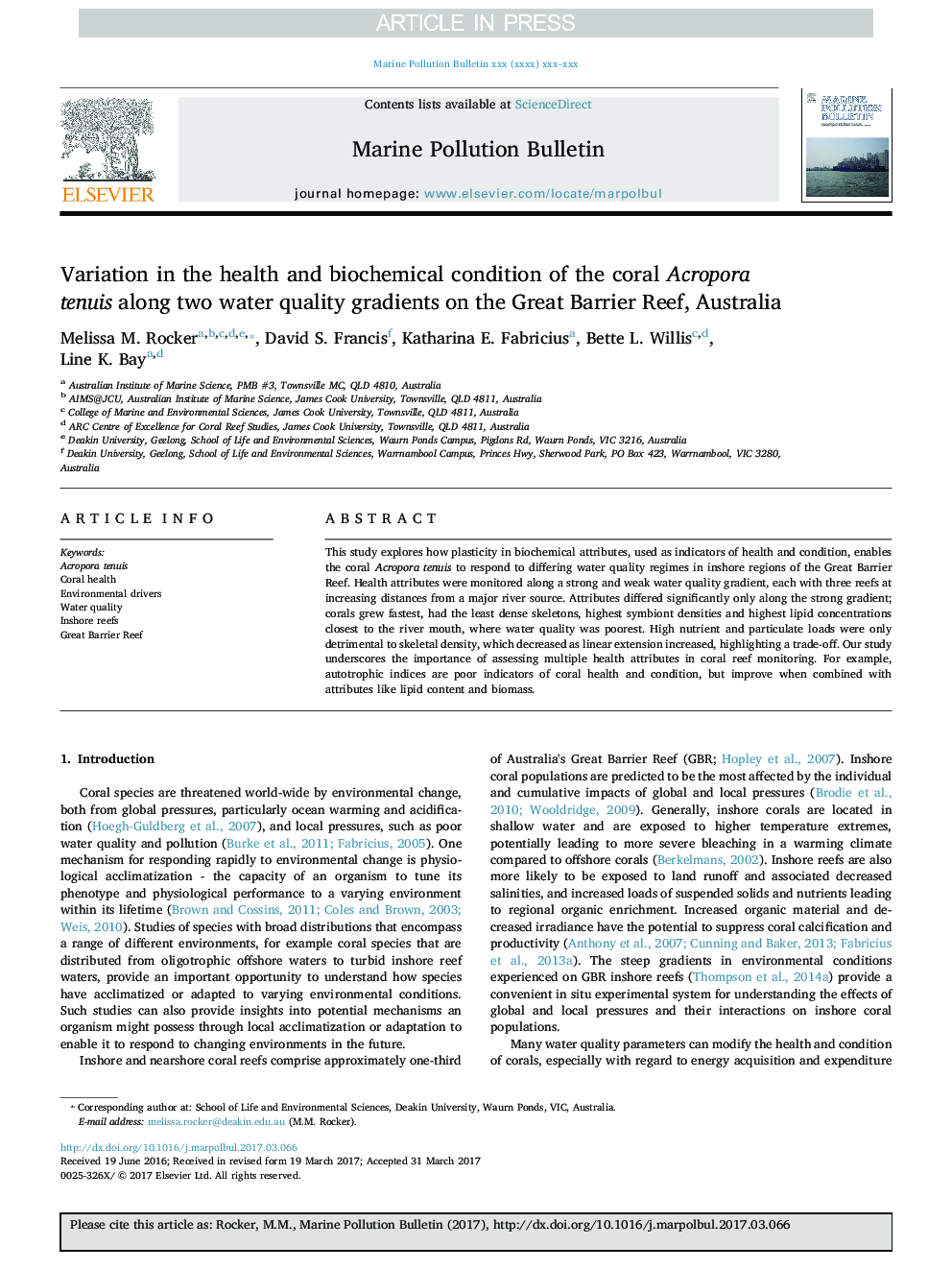 Variation in the health and biochemical condition of the coral Acropora tenuis along two water quality gradients on the Great Barrier Reef, Australia