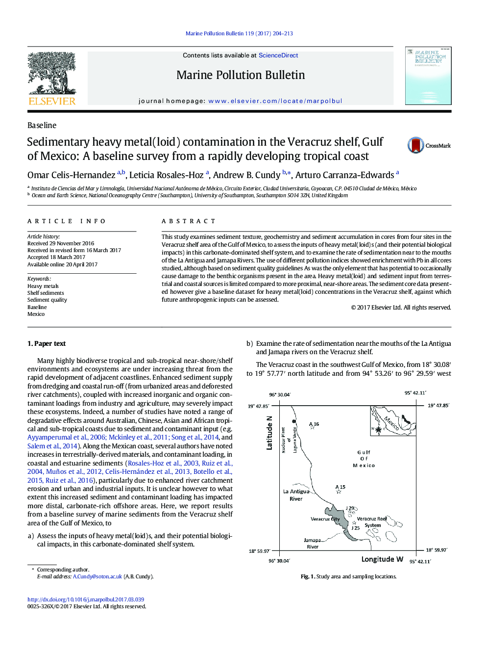 BaselineSedimentary heavy metal(loid) contamination in the Veracruz shelf, Gulf of Mexico: A baseline survey from a rapidly developing tropical coast