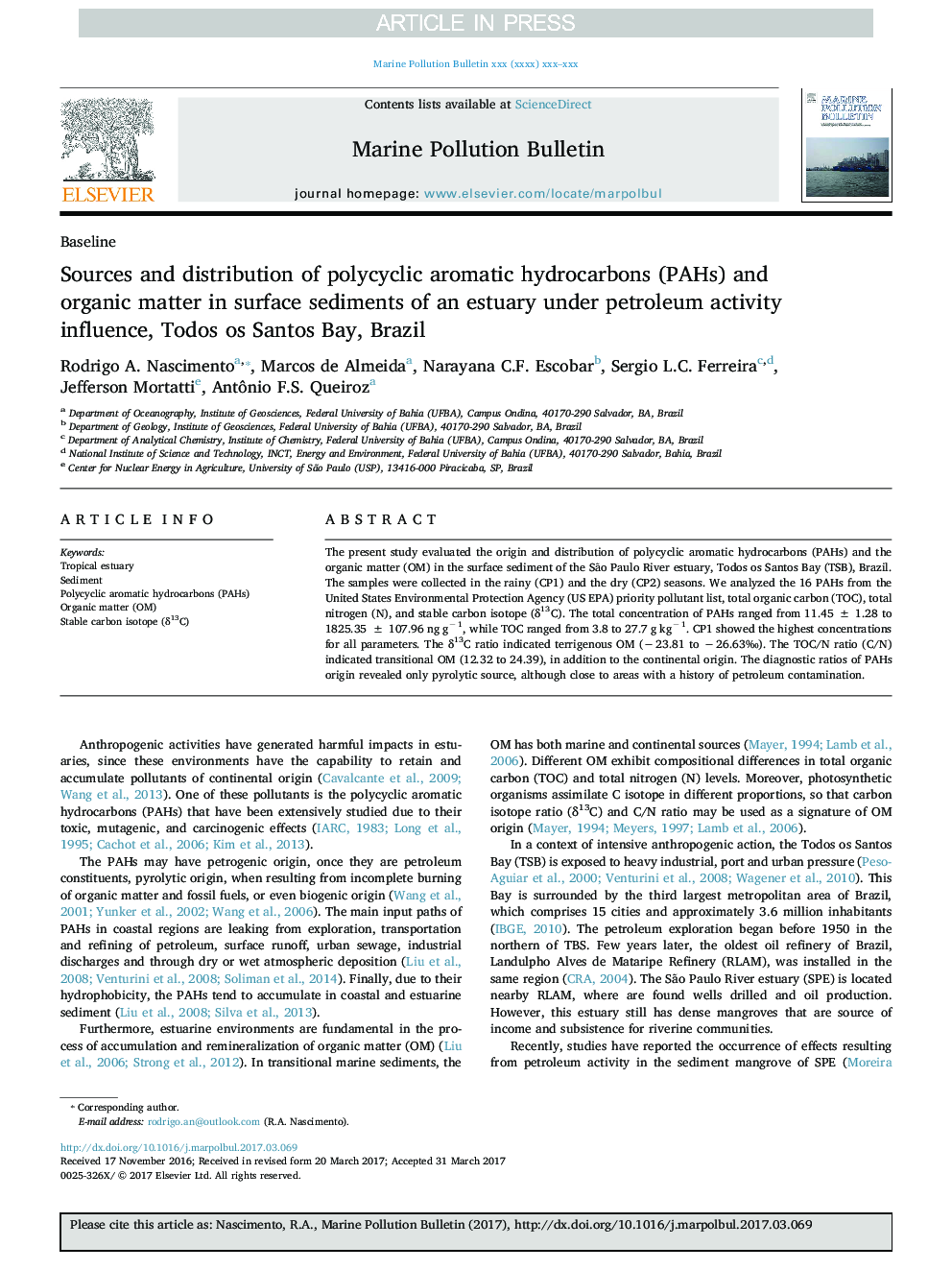 Sources and distribution of polycyclic aromatic hydrocarbons (PAHs) and organic matter in surface sediments of an estuary under petroleum activity influence, Todos os Santos Bay, Brazil