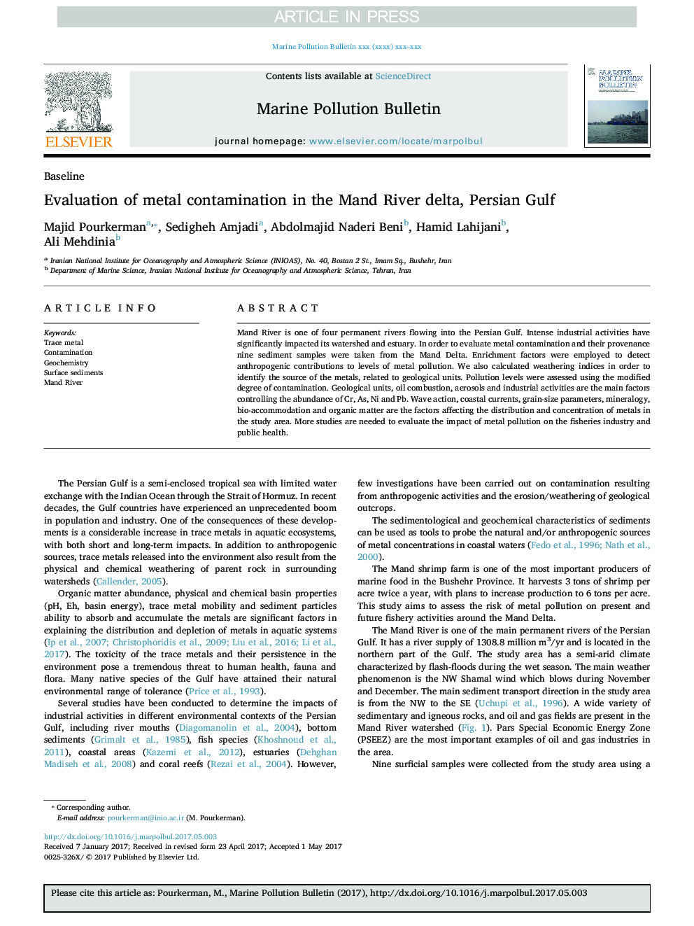 Evaluation of metal contamination in the Mand River delta, Persian Gulf