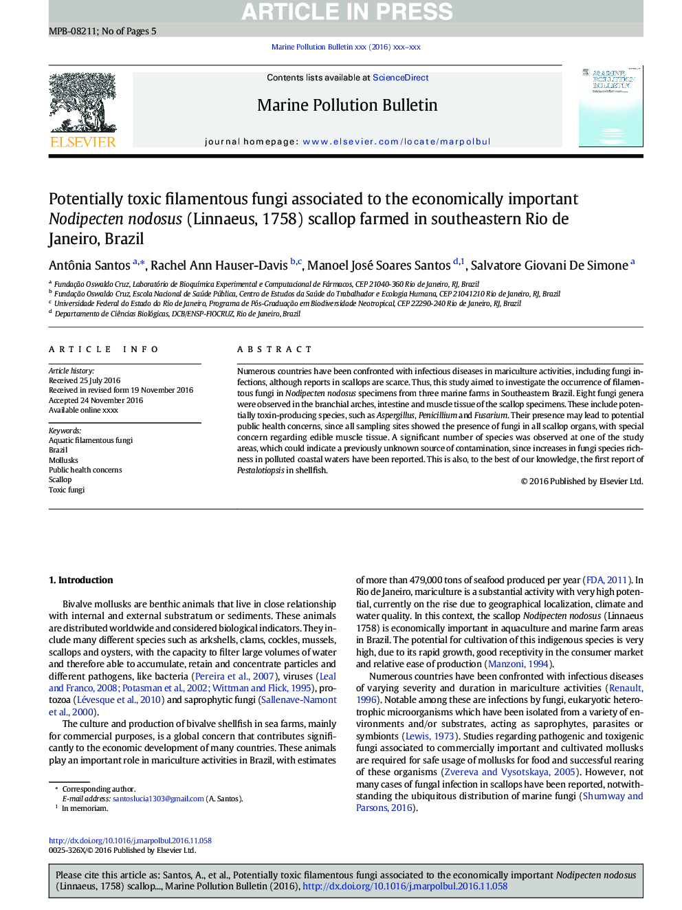 Potentially toxic filamentous fungi associated to the economically important Nodipecten nodosus (Linnaeus, 1758) scallop farmed in southeastern Rio de Janeiro, Brazil