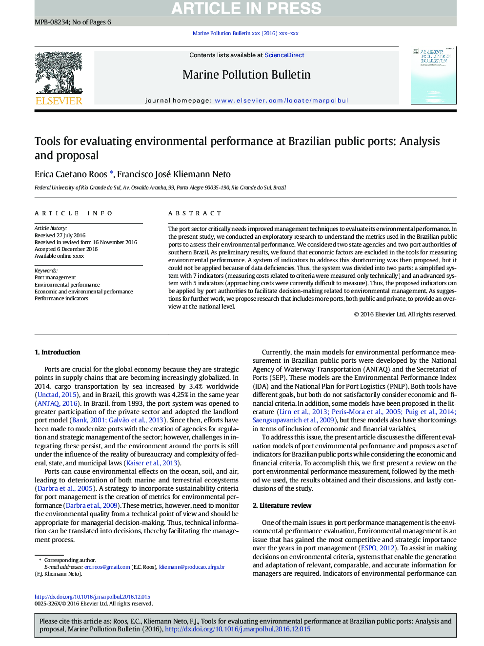 Tools for evaluating environmental performance at Brazilian public ports: Analysis and proposal