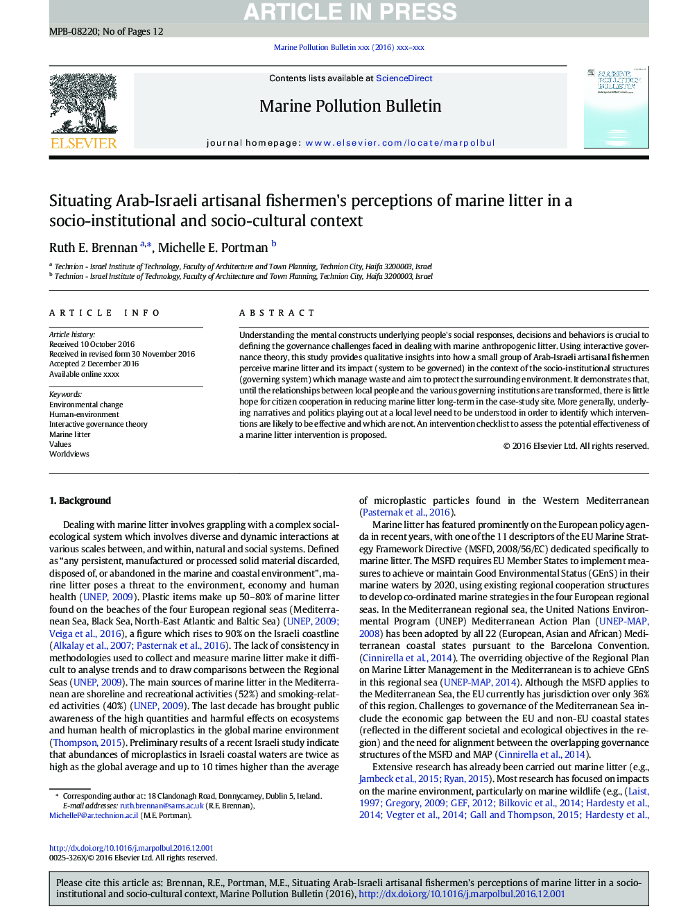 Situating Arab-Israeli artisanal fishermen's perceptions of marine litter in a socio-institutional and socio-cultural context