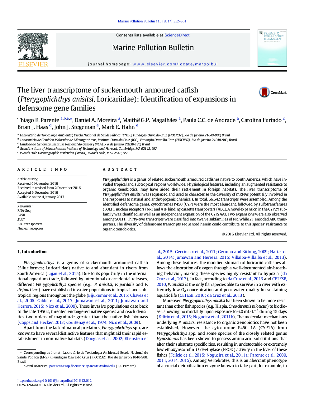 The liver transcriptome of suckermouth armoured catfish (Pterygoplichthys anisitsi, Loricariidae): Identification of expansions in defensome gene families
