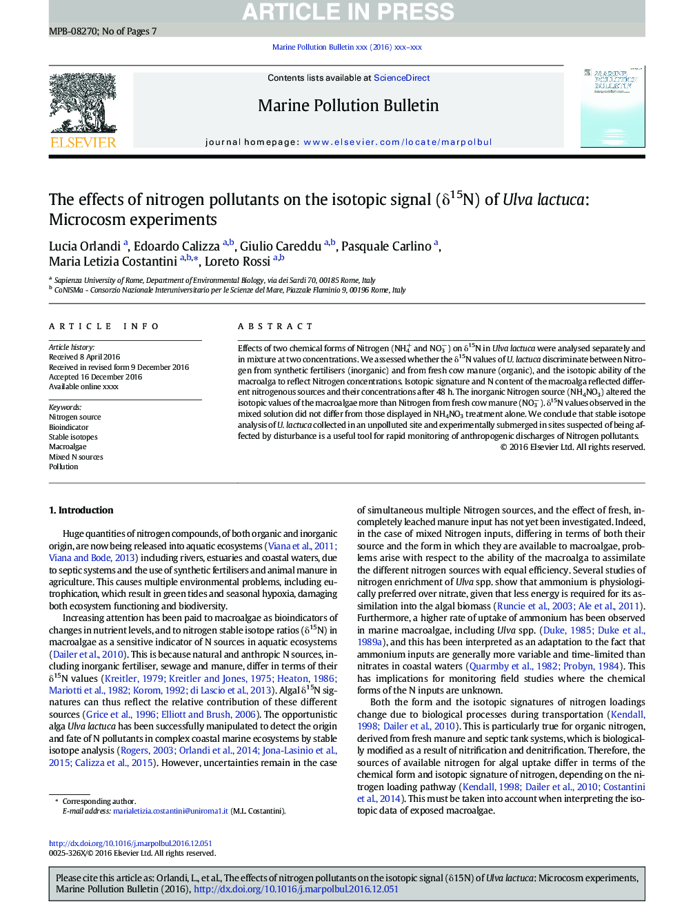 The effects of nitrogen pollutants on the isotopic signal (Î´15N) of Ulva lactuca: Microcosm experiments