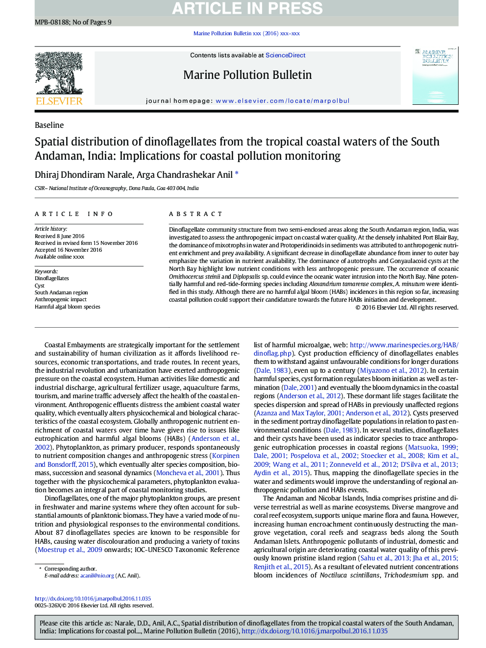 Spatial distribution of dinoflagellates from the tropical coastal waters of the South Andaman, India: Implications for coastal pollution monitoring