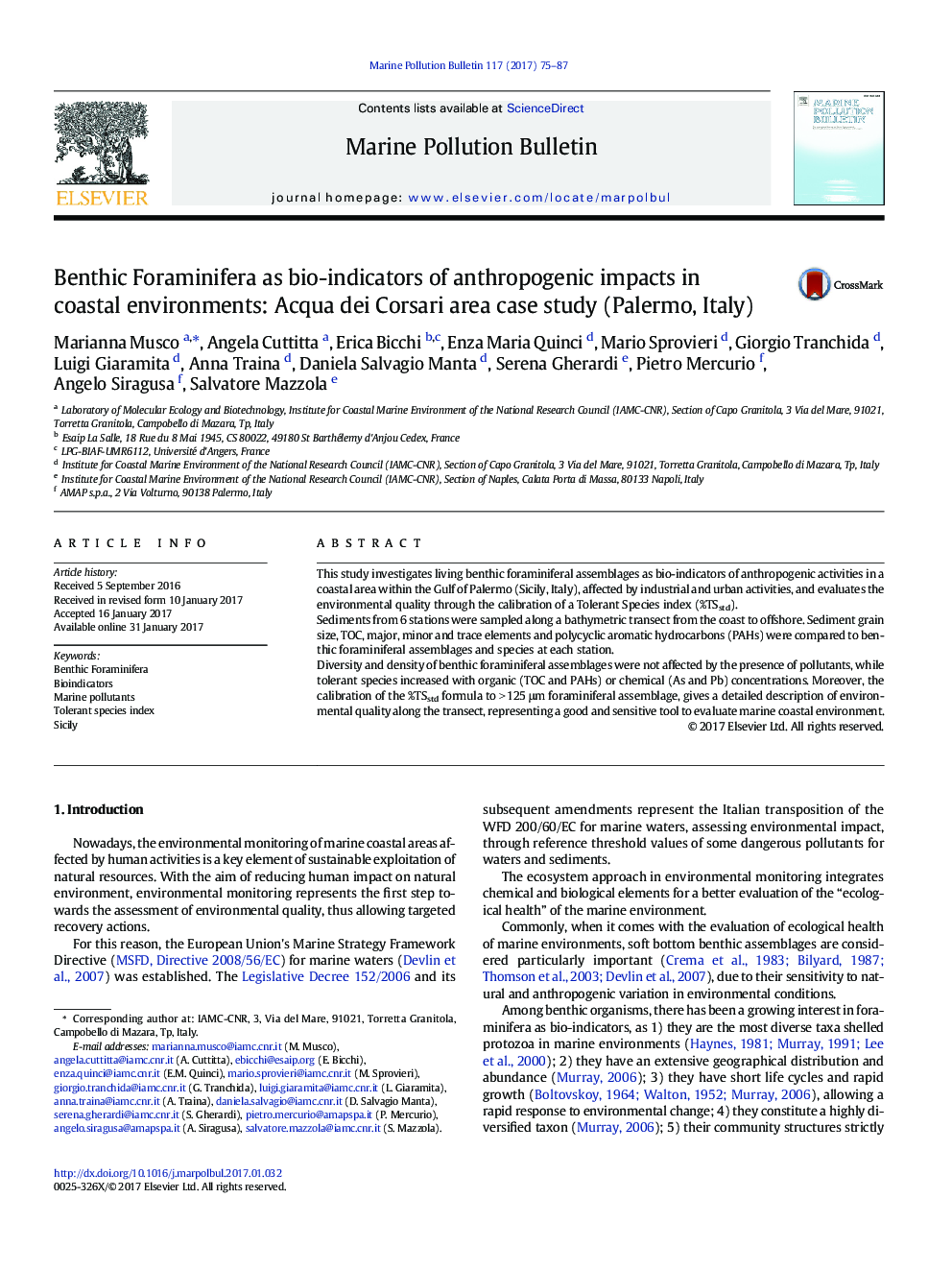 Benthic Foraminifera as bio-indicators of anthropogenic impacts in coastal environments: Acqua dei Corsari area case study (Palermo, Italy)