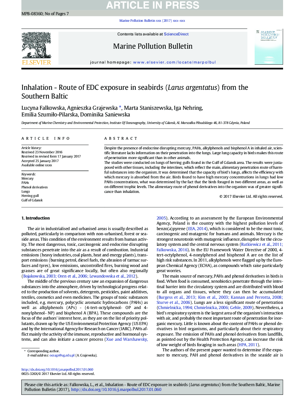 Inhalation - Route of EDC exposure in seabirds (Larus argentatus) from the Southern Baltic