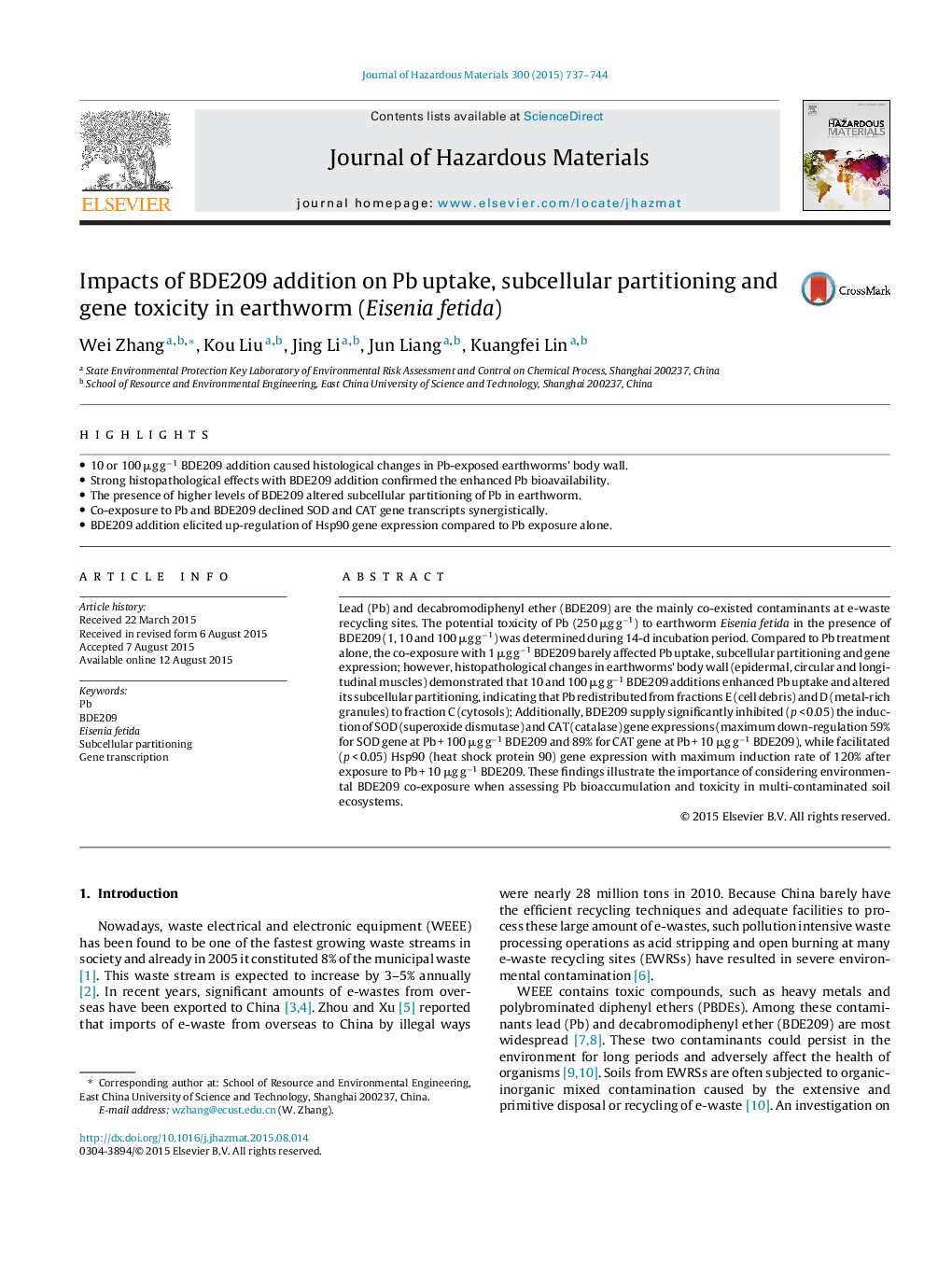 Impacts of BDE209 addition on Pb uptake, subcellular partitioning and gene toxicity in earthworm (Eisenia fetida)