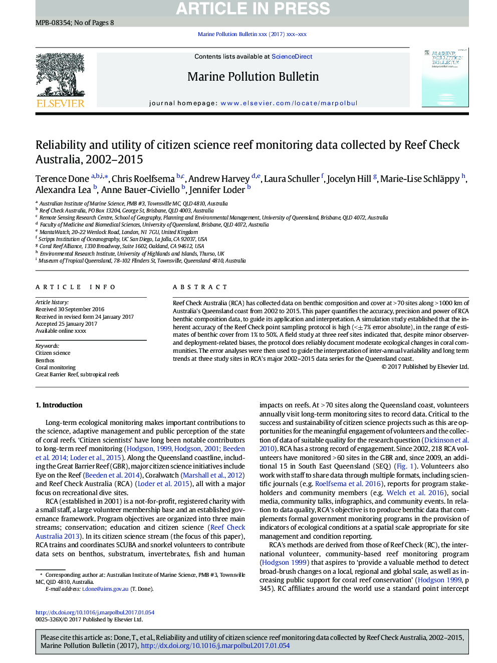 Reliability and utility of citizen science reef monitoring data collected by Reef Check Australia, 2002-2015
