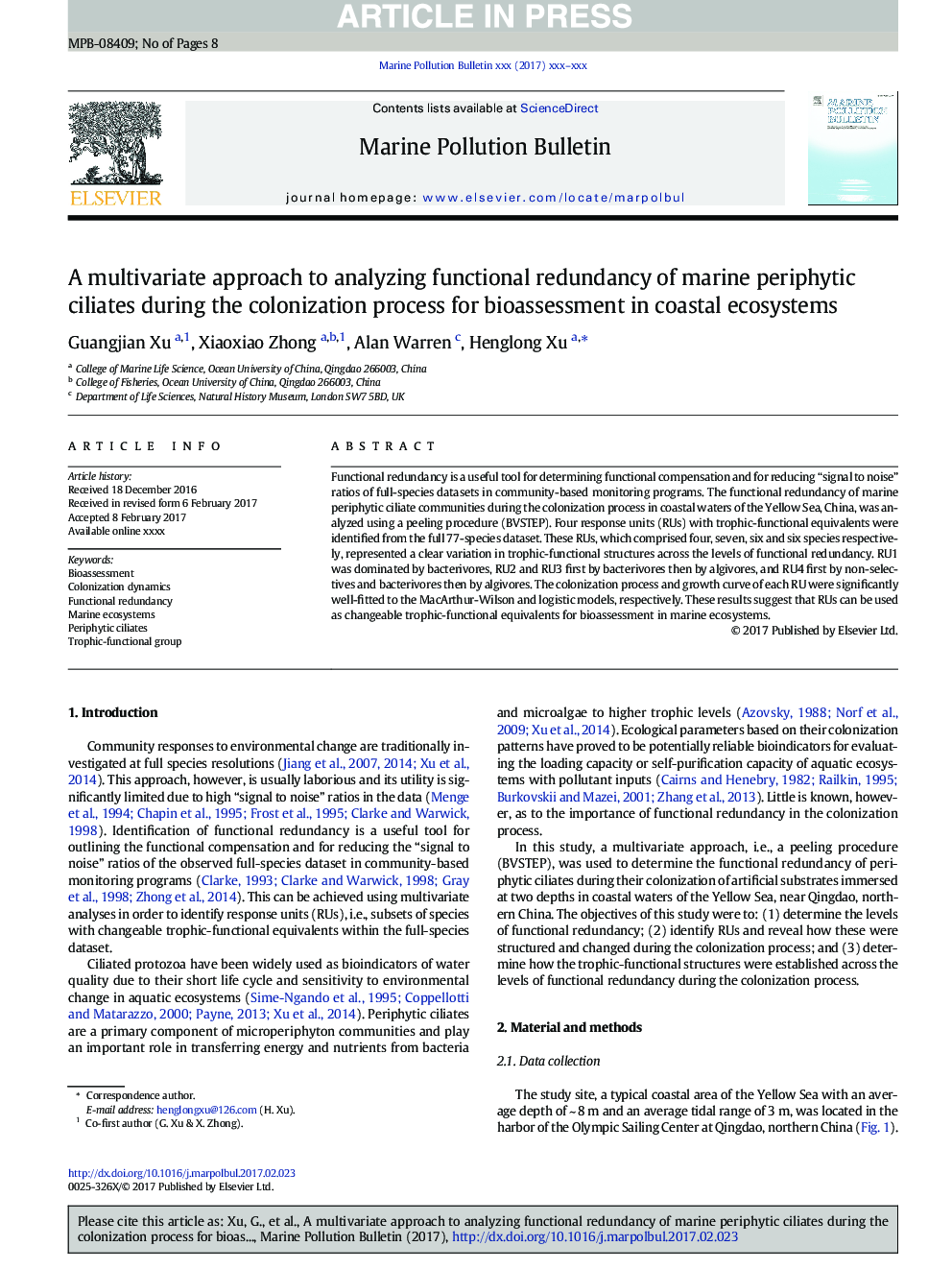 A multivariate approach to analyzing functional redundancy of marine periphytic ciliates during the colonization process for bioassessment in coastal ecosystems