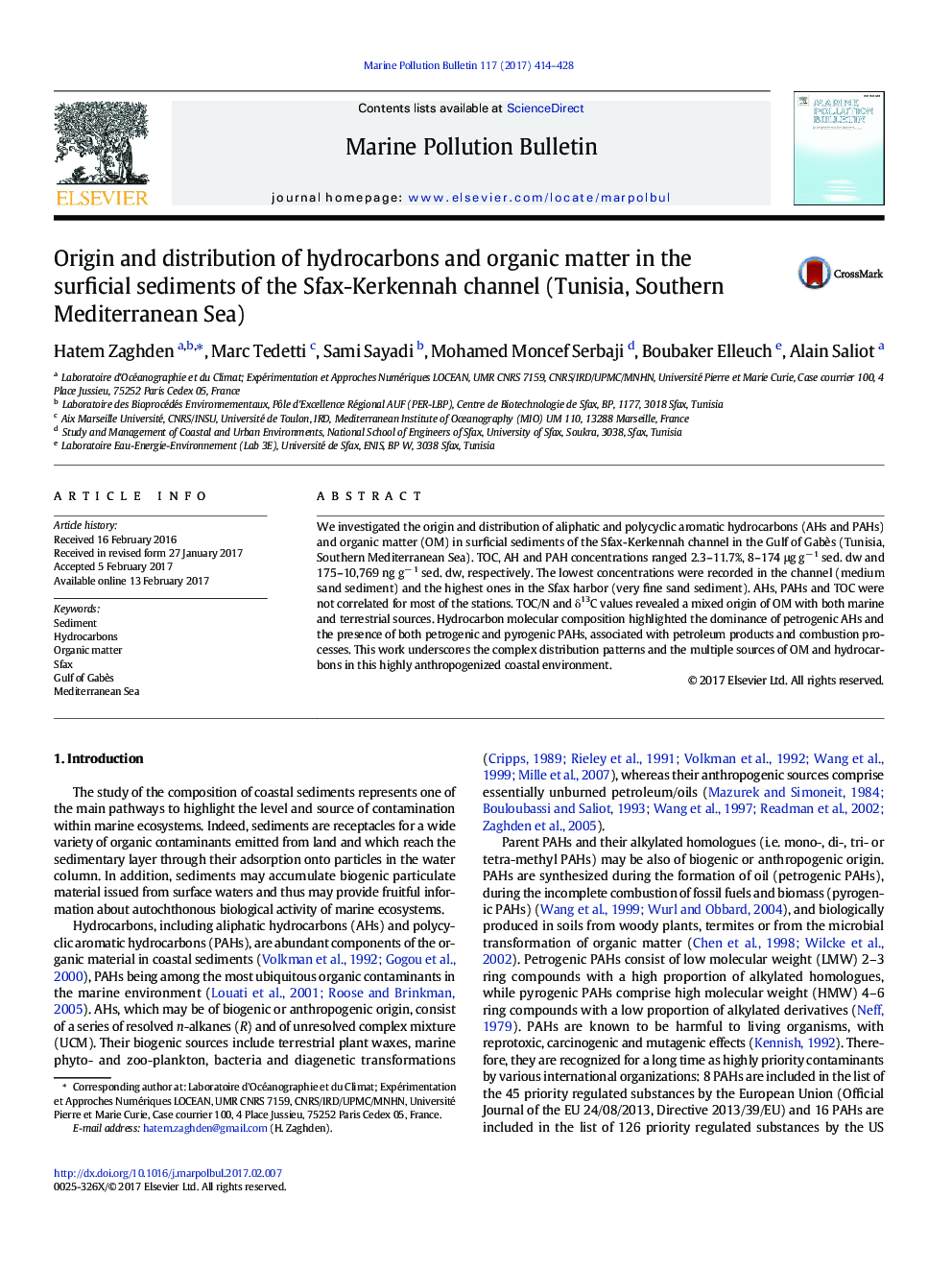 Origin and distribution of hydrocarbons and organic matter in the surficial sediments of the Sfax-Kerkennah channel (Tunisia, Southern Mediterranean Sea)