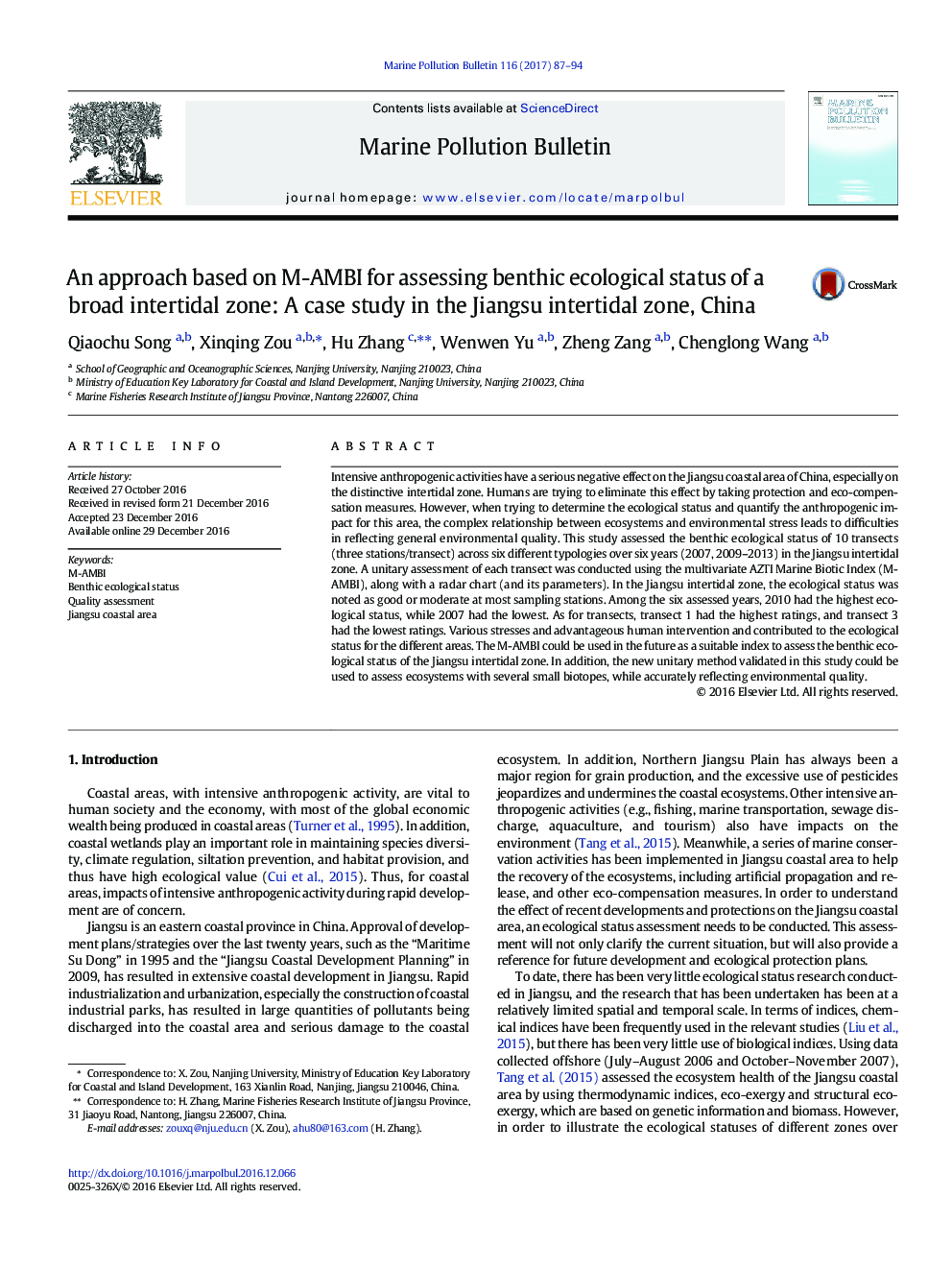 An approach based on M-AMBI for assessing benthic ecological status of a broad intertidal zone: A case study in the Jiangsu intertidal zone, China