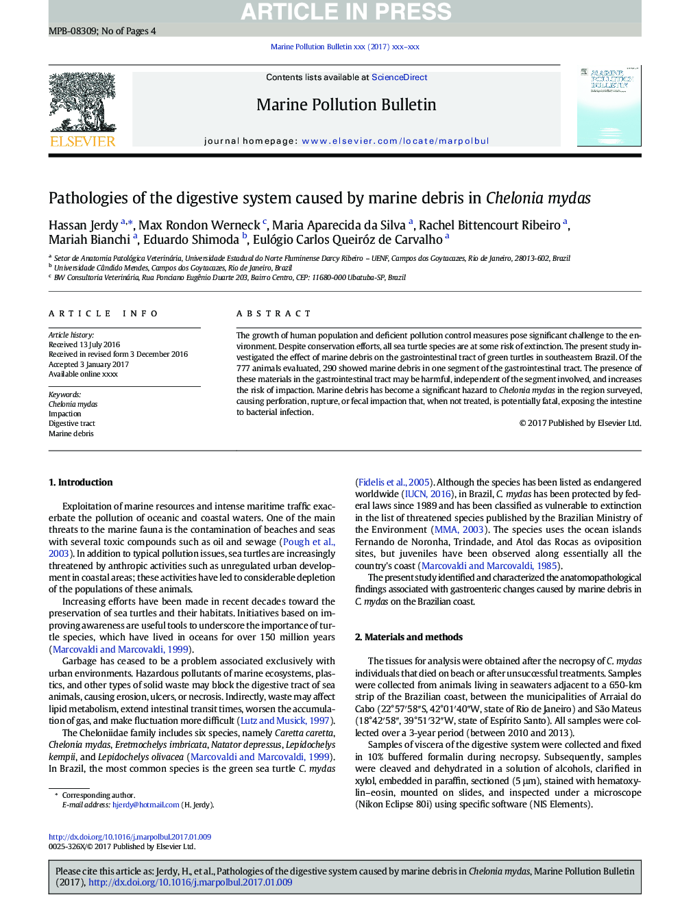 Pathologies of the digestive system caused by marine debris in Chelonia mydas