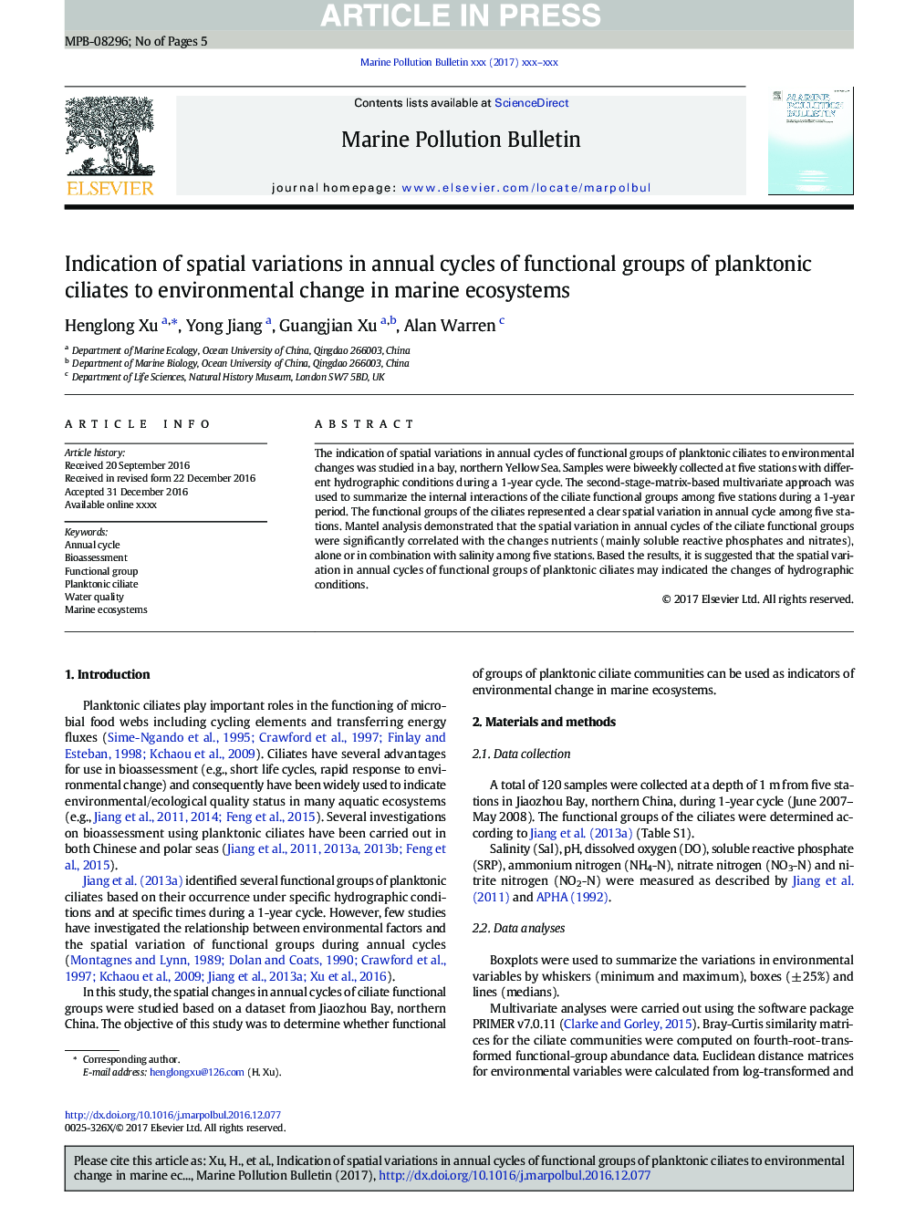 Indication of spatial variations in annual cycles of functional groups of planktonic ciliates to environmental change in marine ecosystems