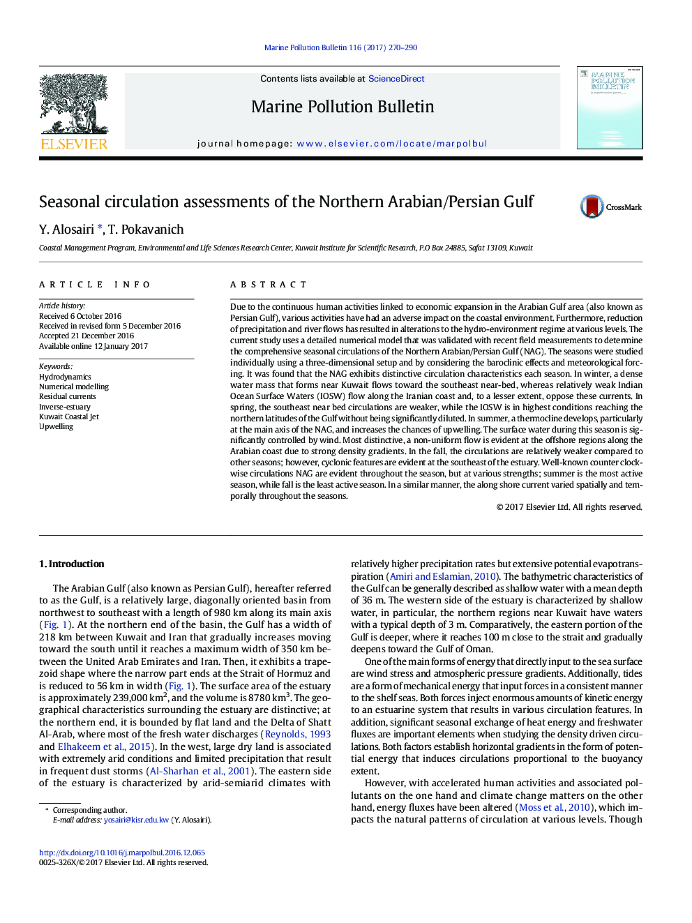 Seasonal circulation assessments of the Northern Arabian/Persian Gulf