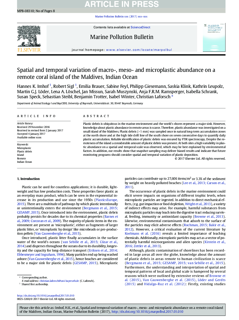 Spatial and temporal variation of macro-, meso- and microplastic abundance on a remote coral island of the Maldives, Indian Ocean