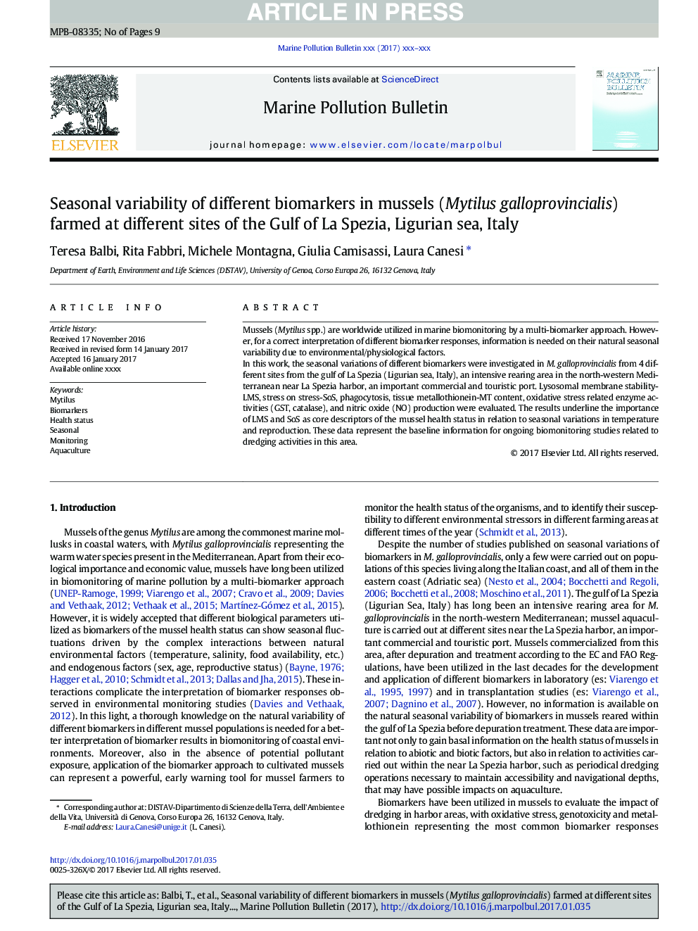 Seasonal variability of different biomarkers in mussels (Mytilus galloprovincialis) farmed at different sites of the Gulf of La Spezia, Ligurian sea, Italy