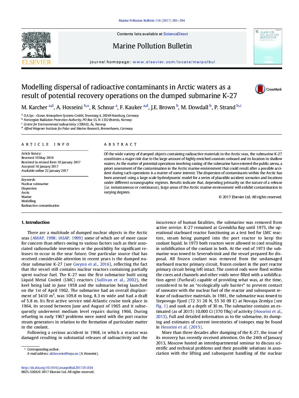 Modelling dispersal of radioactive contaminants in Arctic waters as a result of potential recovery operations on the dumped submarine K-27