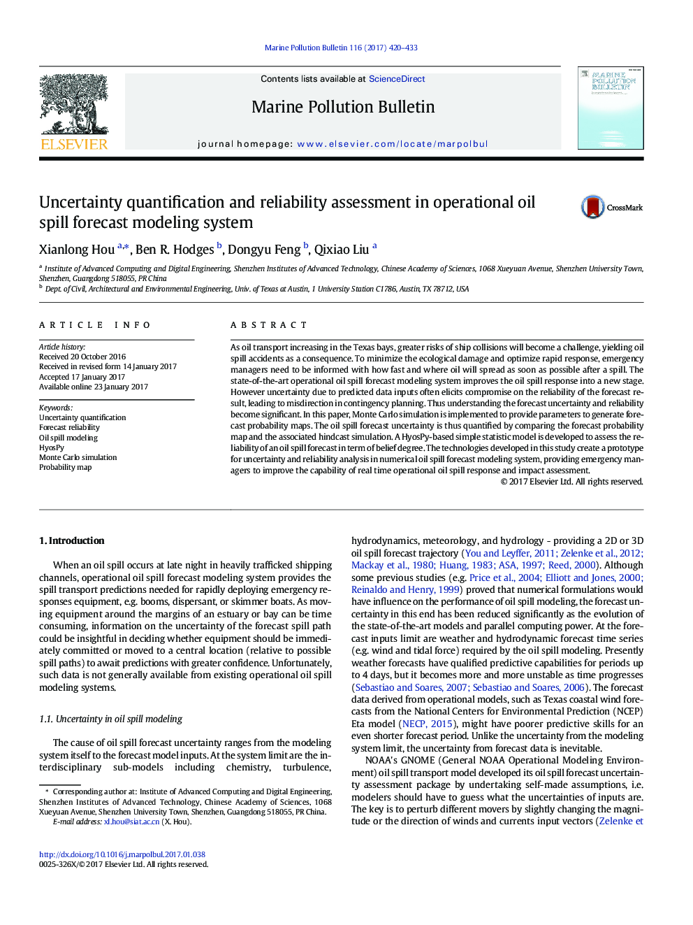 Uncertainty quantification and reliability assessment in operational oil spill forecast modeling system