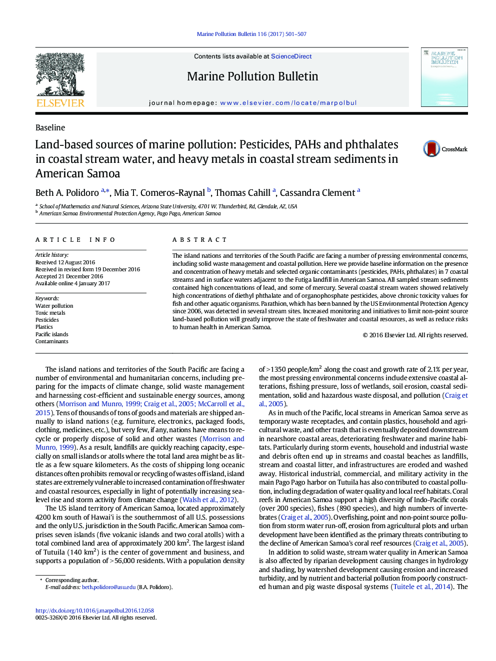 BaselineLand-based sources of marine pollution: Pesticides, PAHs and phthalates in coastal stream water, and heavy metals in coastal stream sediments in American Samoa