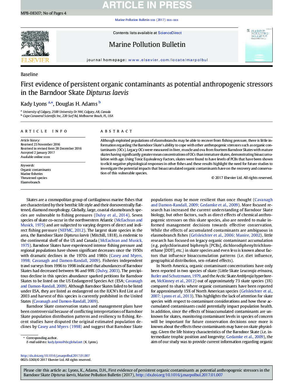 First evidence of persistent organic contaminants as potential anthropogenic stressors in the Barndoor Skate Dipturus laevis