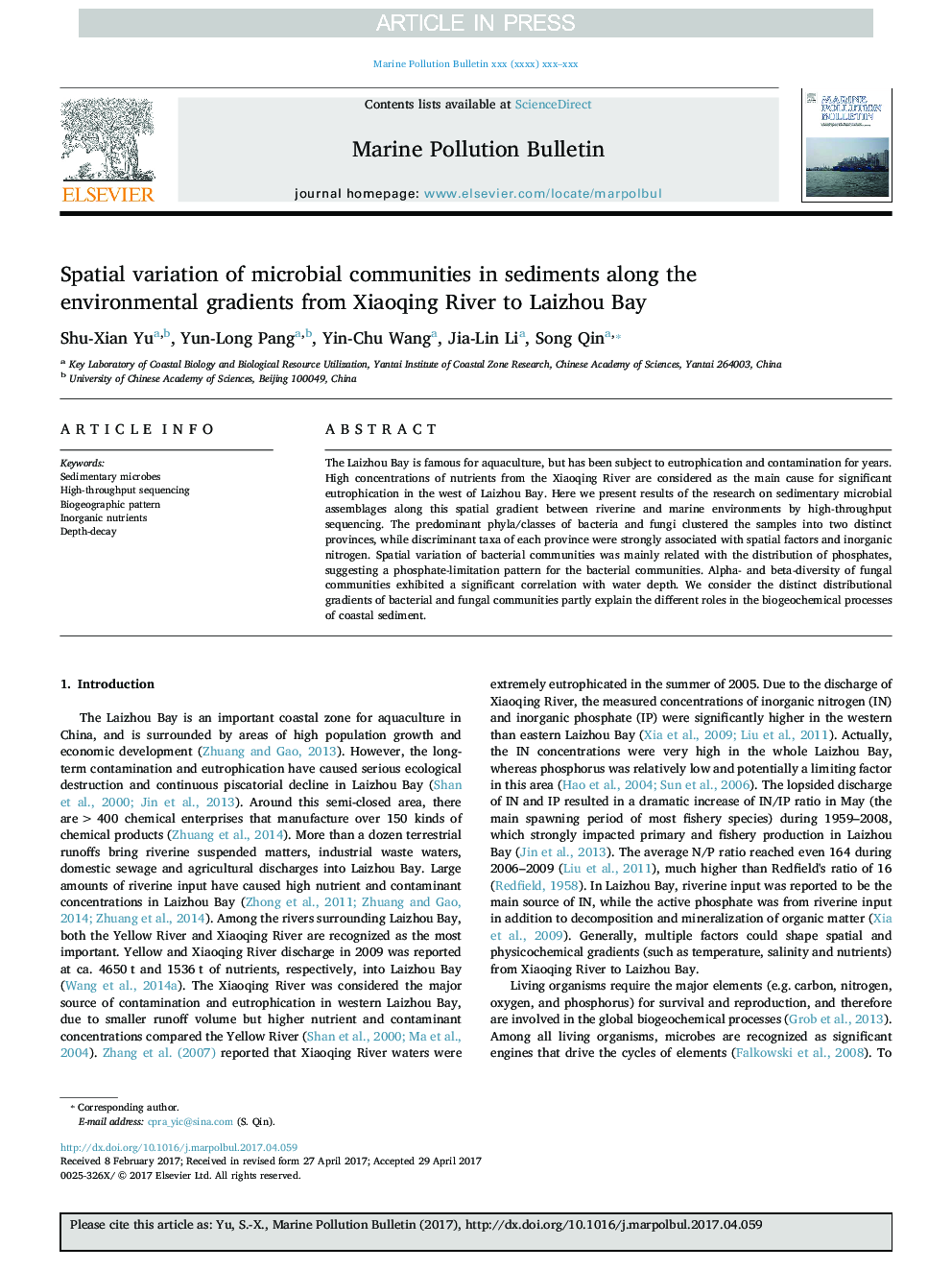 Spatial variation of microbial communities in sediments along the environmental gradients from Xiaoqing River to Laizhou Bay