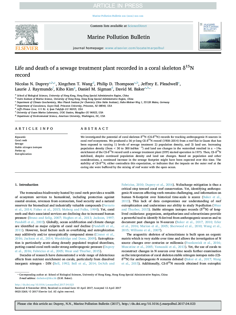 Life and death of a sewage treatment plant recorded in a coral skeleton Î´15N record