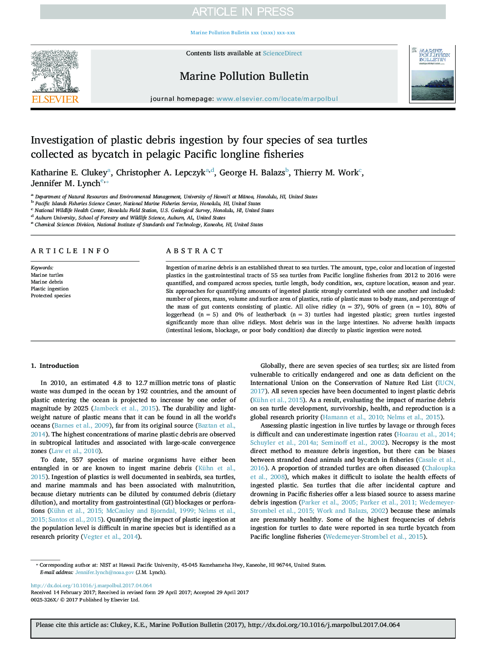 Investigation of plastic debris ingestion by four species of sea turtles collected as bycatch in pelagic Pacific longline fisheries