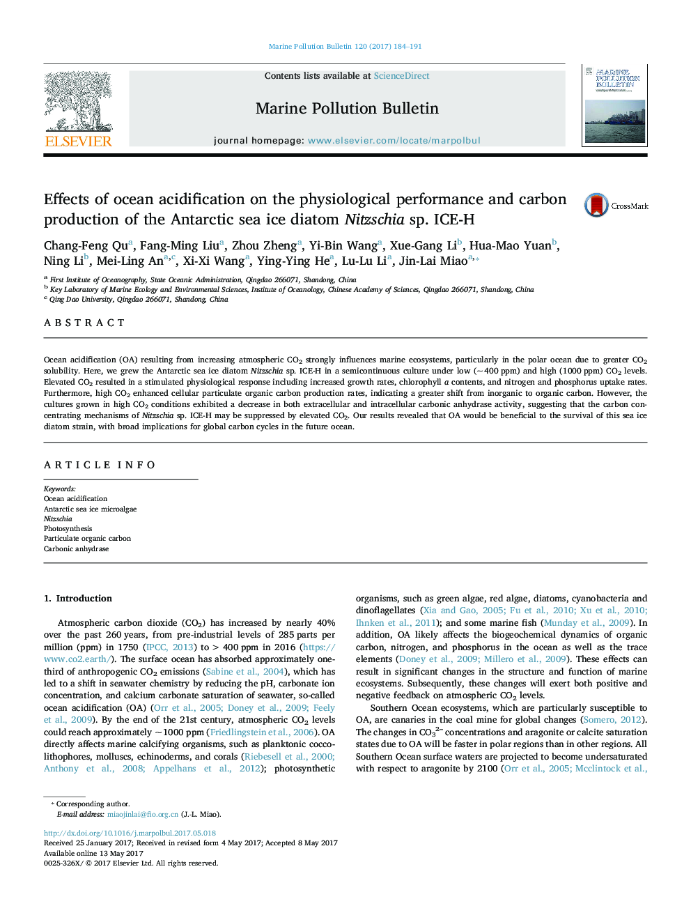 Effects of ocean acidification on the physiological performance and carbon production of the Antarctic sea ice diatom Nitzschia sp. ICE-H