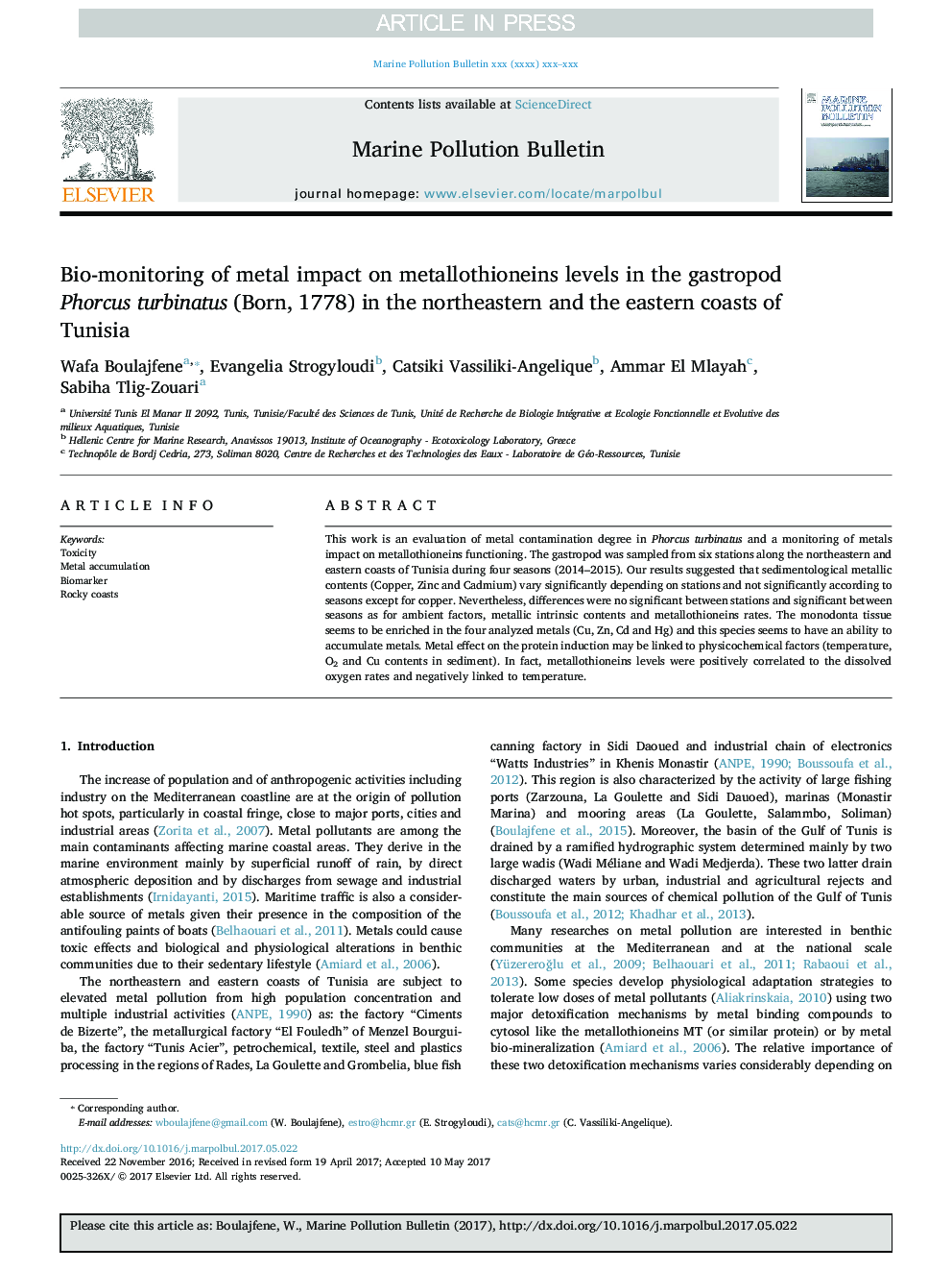 Bio-monitoring of metal impact on metallothioneins levels in the gastropod Phorcus turbinatus (Born, 1778) in the northeastern and the eastern coasts of Tunisia