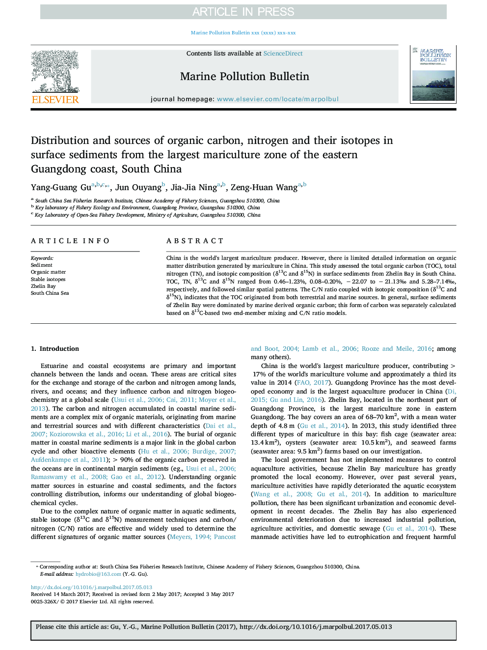 Distribution and sources of organic carbon, nitrogen and their isotopes in surface sediments from the largest mariculture zone of the eastern Guangdong coast, South China