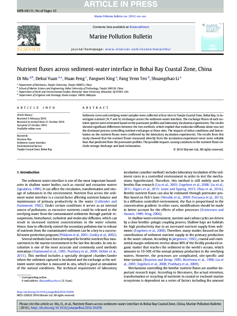 Nutrient fluxes across sediment-water interface in Bohai Bay Coastal Zone, China