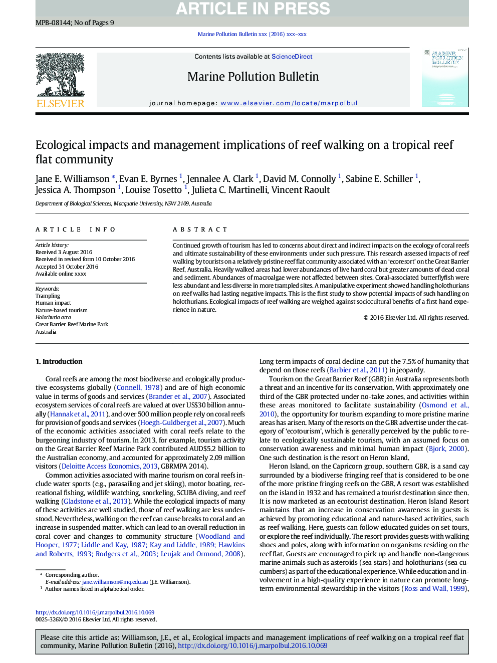 Ecological impacts and management implications of reef walking on a tropical reef flat community