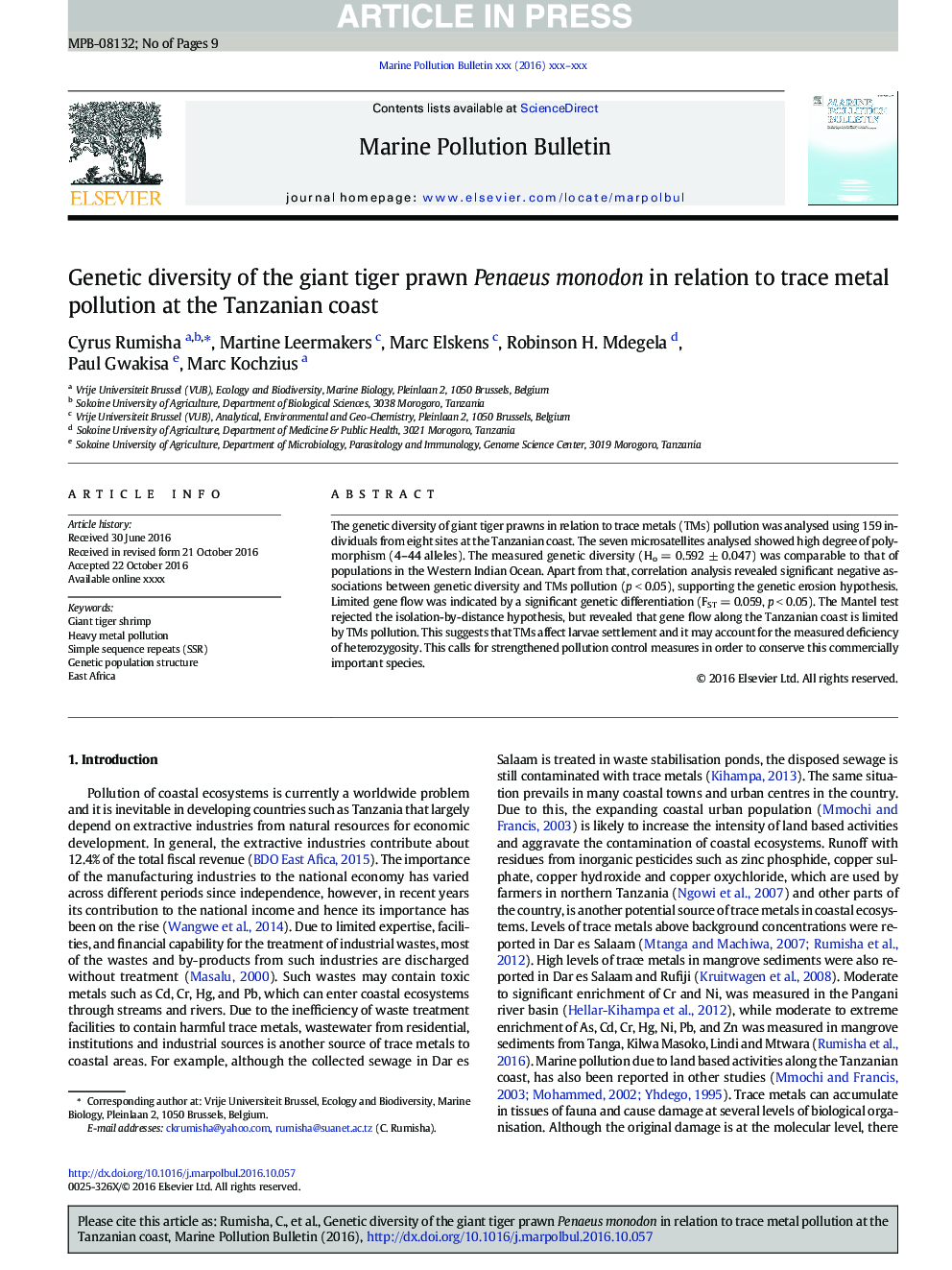 Genetic diversity of the giant tiger prawn Penaeus monodon in relation to trace metal pollution at the Tanzanian coast