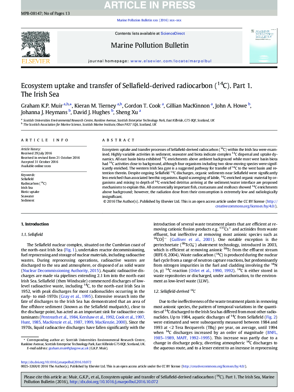 Ecosystem uptake and transfer of Sellafield-derived radiocarbon (14C). Part 1. The Irish Sea