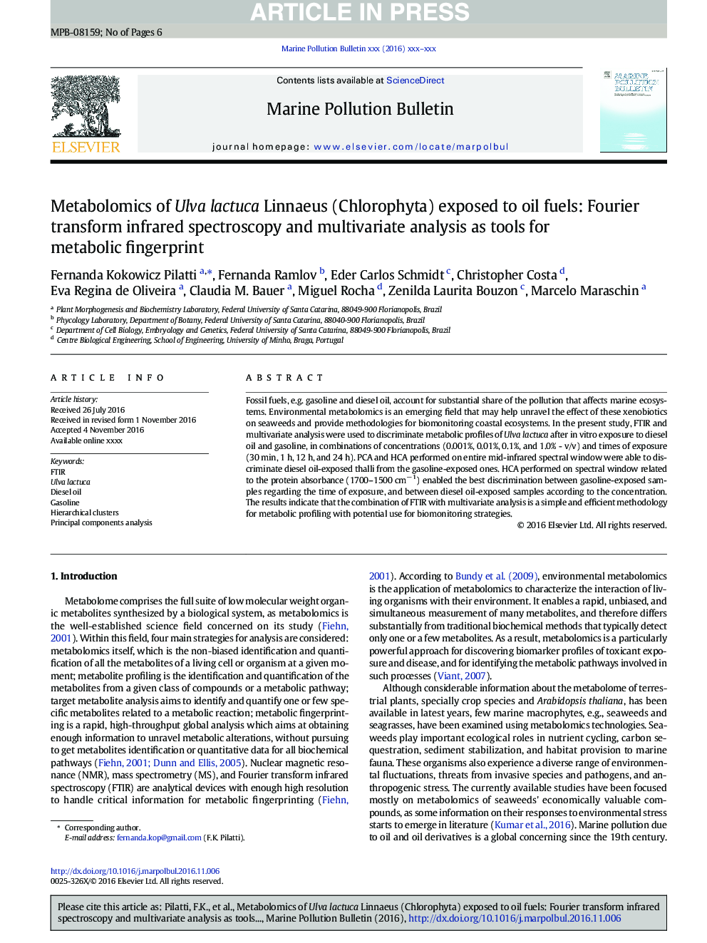 Metabolomics of Ulva lactuca Linnaeus (Chlorophyta) exposed to oil fuels: Fourier transform infrared spectroscopy and multivariate analysis as tools for metabolic fingerprint