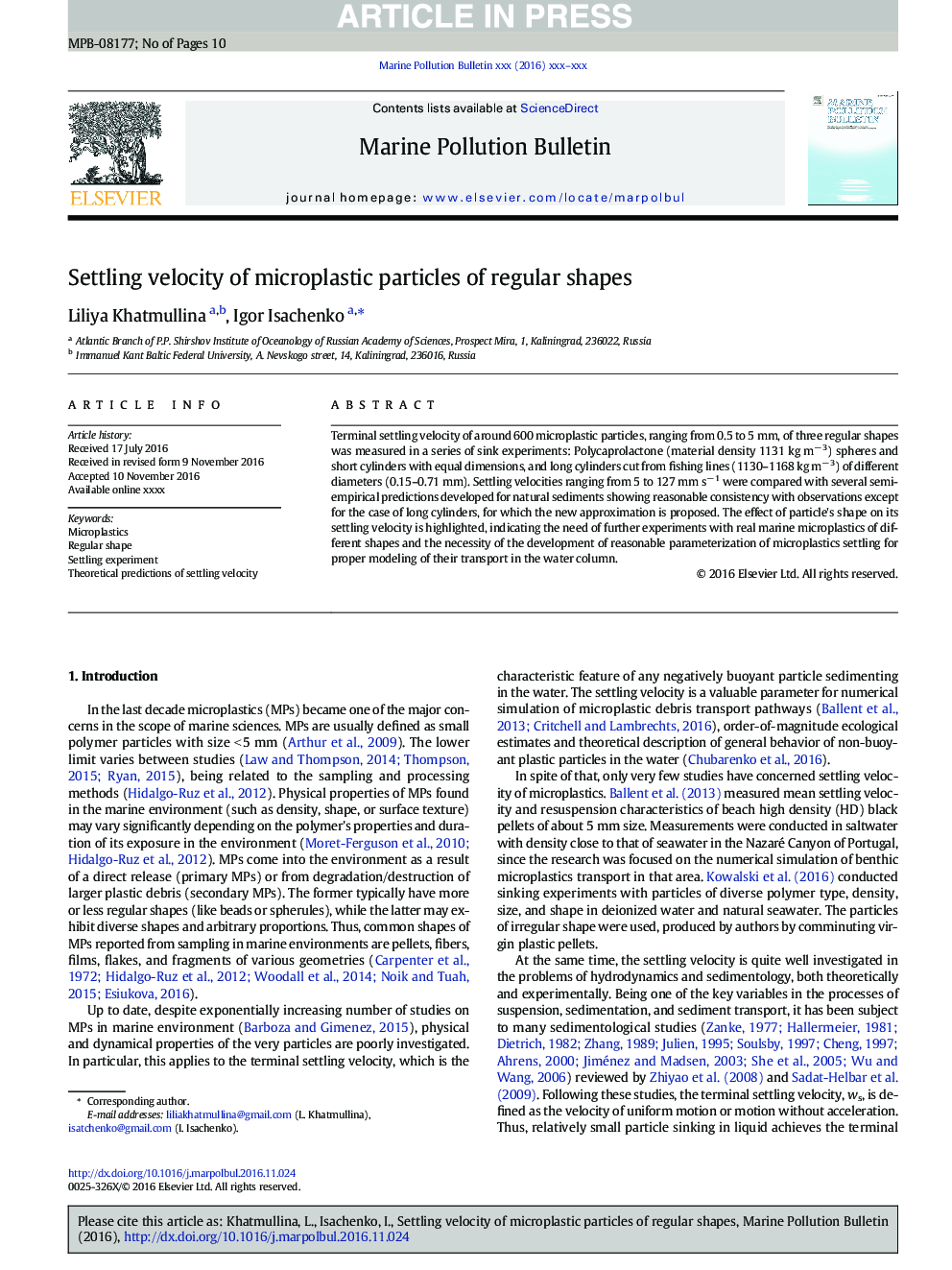 Settling velocity of microplastic particles of regular shapes