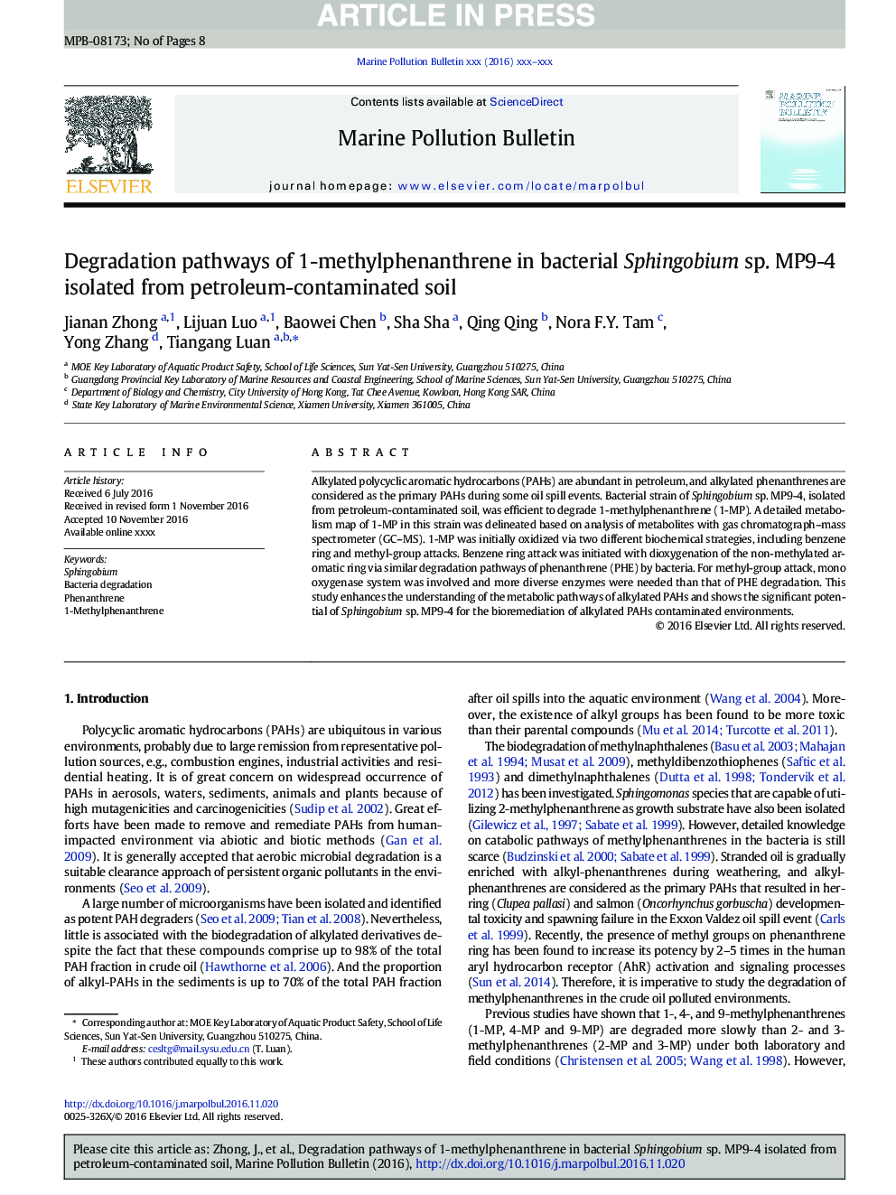 Degradation pathways of 1-methylphenanthrene in bacterial Sphingobium sp. MP9-4 isolated from petroleum-contaminated soil